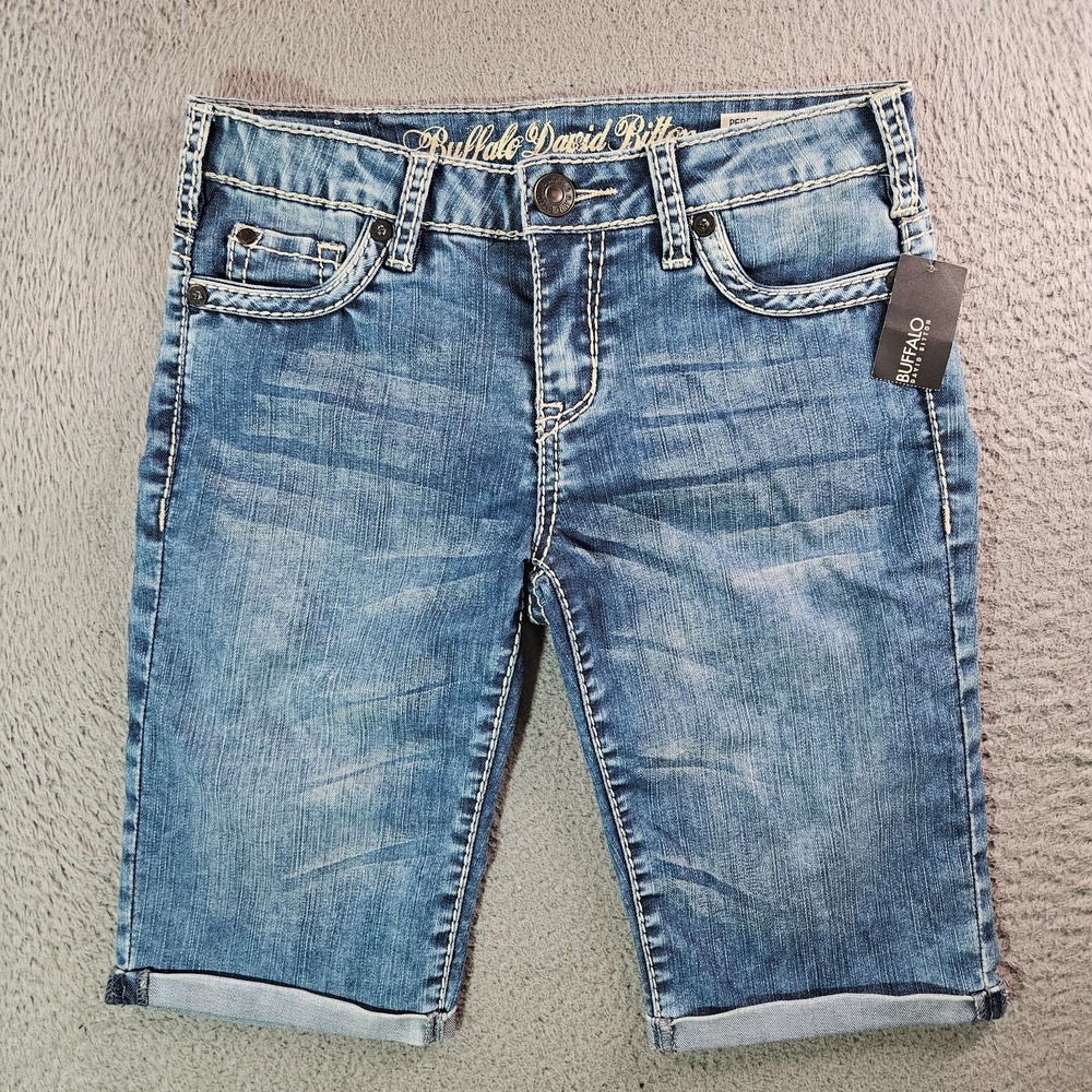 NEW Buffalo David Bitton Shorts Women Size 26 Stretch Mid Rise Thick Stitch Blue